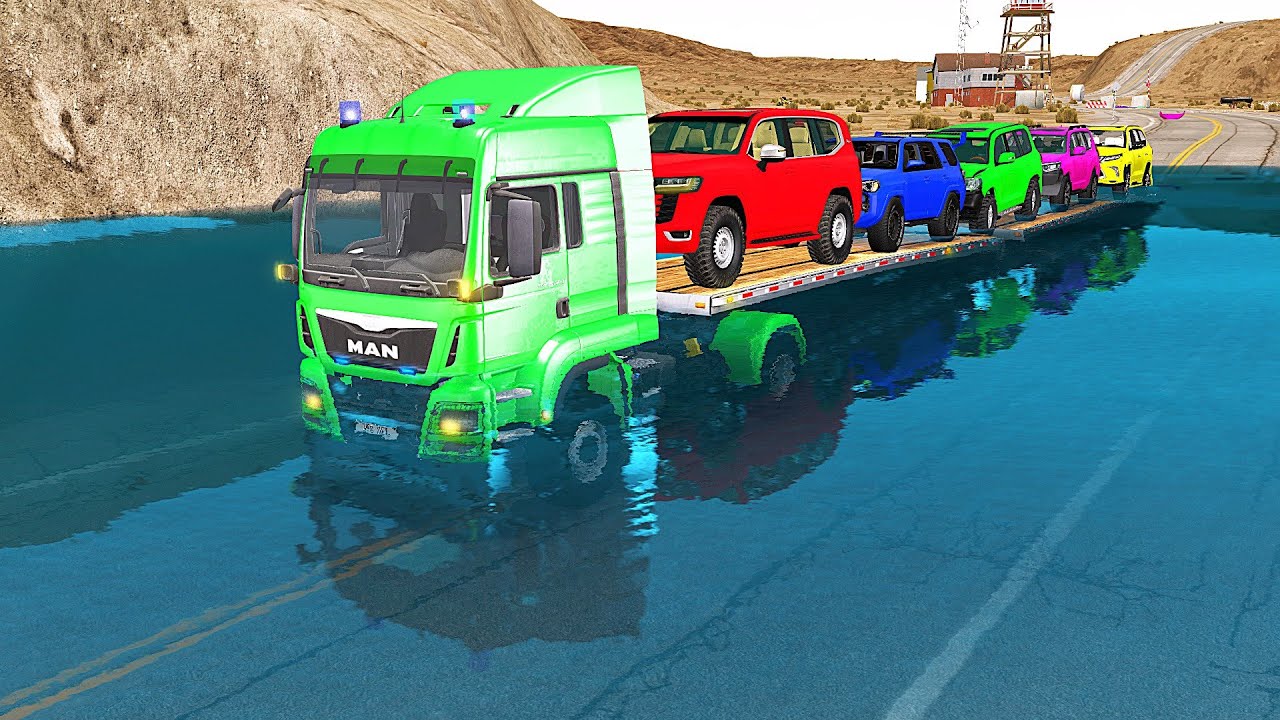 Flatbed Truck Mcqueen | Transportation with Truck - Pothole vs Car #001  - BeamNG.Drive