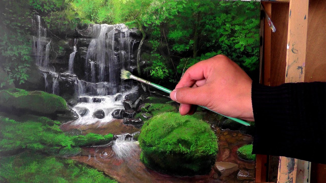 画树林间的小溪瀑布。#011