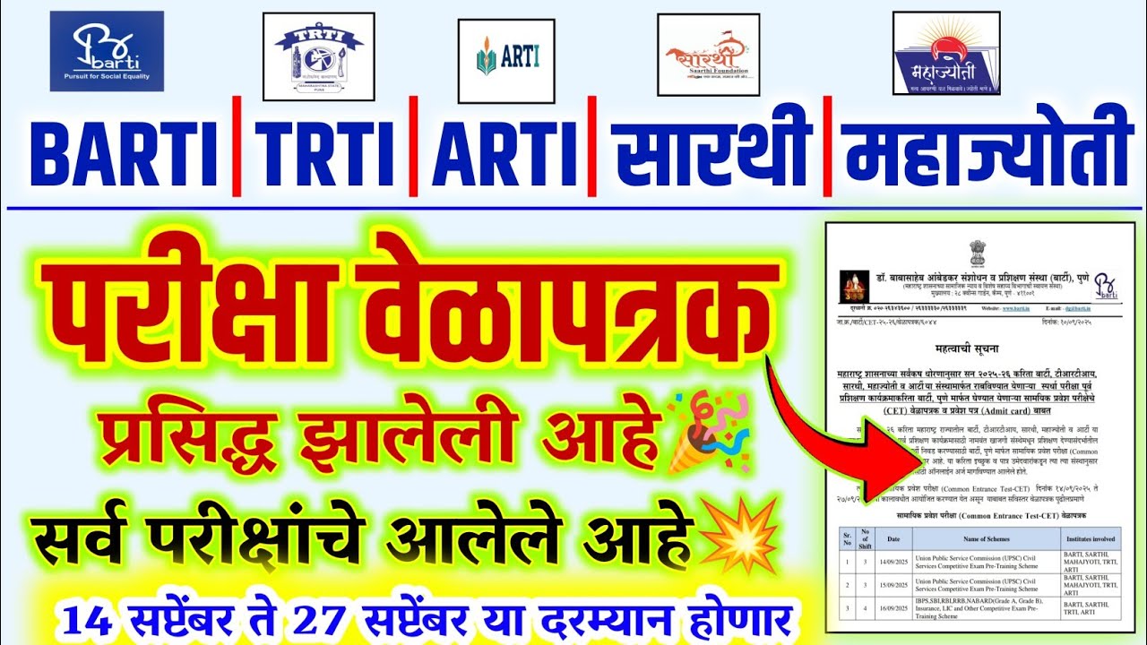 BARTI TRTI ARTI SARTHI MAHAJYOTI EXAM DATE🎉 | barti exam date | trti arti sarthi exam date 2025