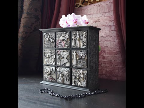 Великий настільний комод для прикрас і косметики у вінтажному стилі на 9 шухляд з об'ємним фасадом 37 см., видео 1