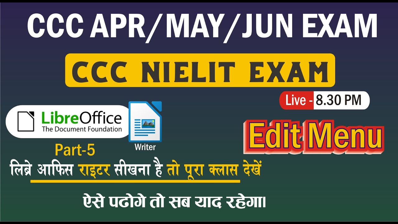 Ready go to ... https://www.youtube.com/watch?v=GrdhlFhNmtEu0026list=PLSs08_ORQRrnPD4e6QIFcDi5FBrlwcquCu0026index=10 [ CCC Nielit Exam | LibreOffice Writer Tutorial in Hindi by Devendra Sir| Edit Menu in LibreOffice]