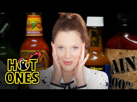 Drew Barrymore Has a Hard Time Processing While Eating Hot Wings | Hot Ones
