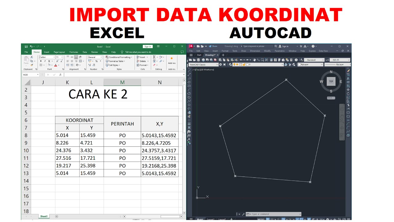 Cara import data koordinat dari excel ke autocad - YouTube