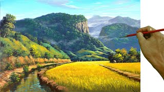 Acrylic Landscape Painting in Timelapse / Mountains and Rice Fields / JMLisondra