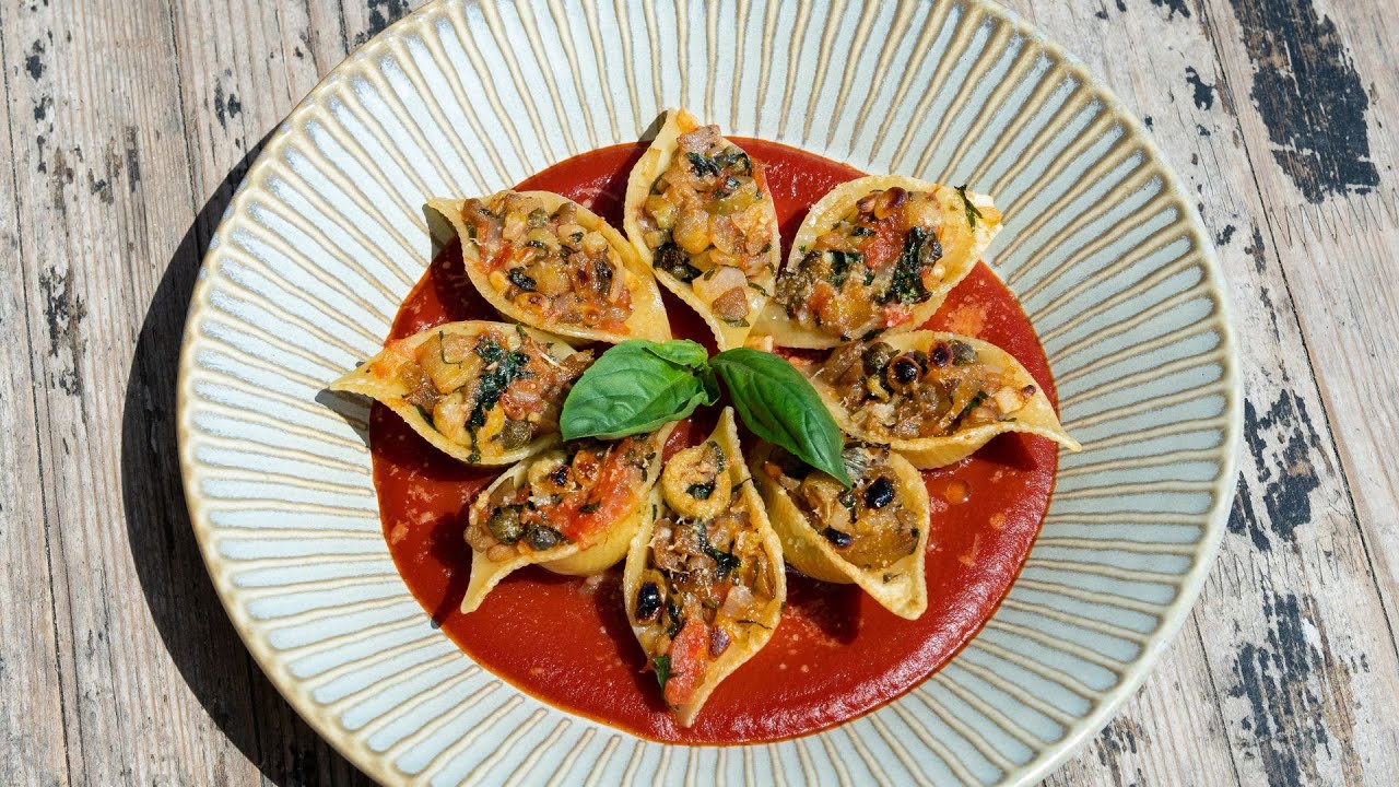 RECETTE #70 - Gratin de Conchiglioni farcis à la caponata - Fabrice Mignot