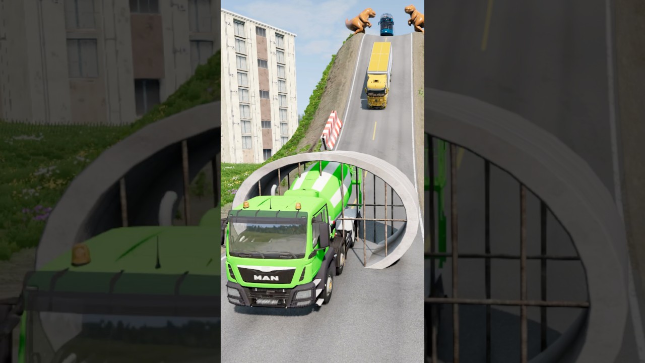 Buses & Dumper Truck vs Drain Pipe Crash 