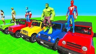 SPIDERMAN CARS TRIPLE Ramp Challenge JUMP ! SUPERHERO HULK IronMan Goku on DAM JEEP  - GTA V