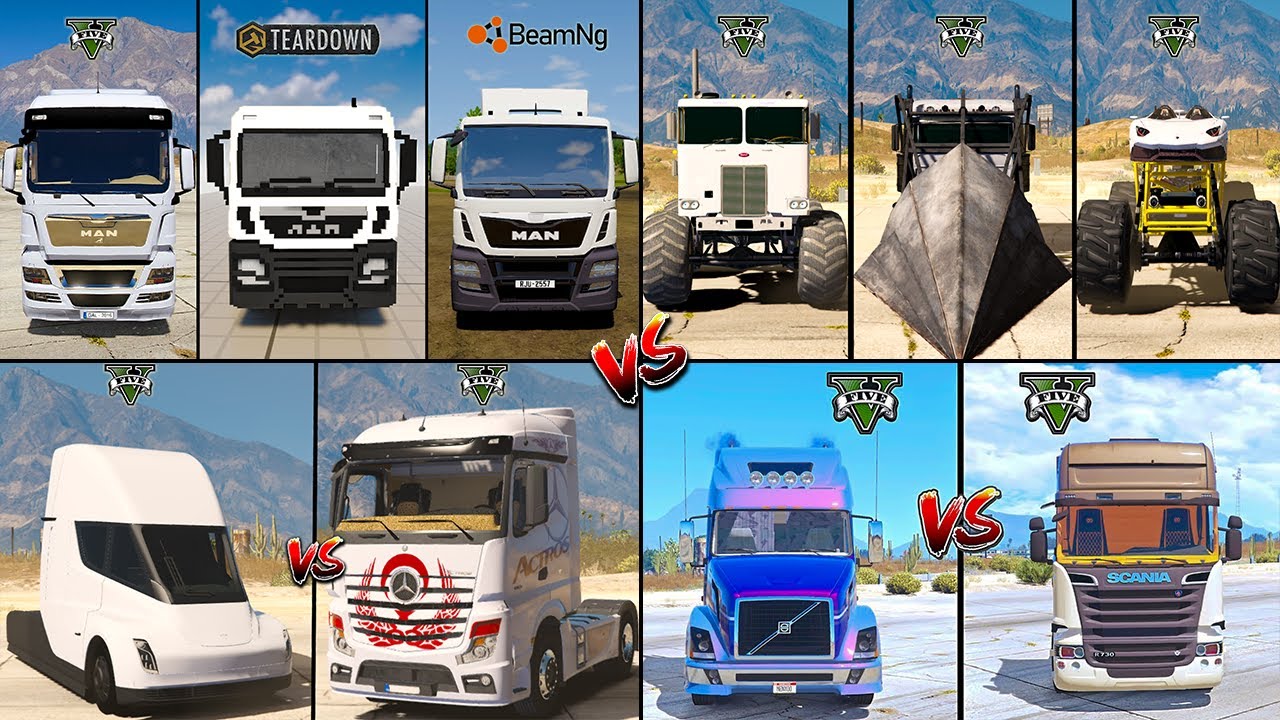 VOLVO VS MAN VS SCANIA VS RAMP TRUCK IN GTA5 VS BEAMNG VS TEARDOWN - WHICH IS BEST ?
