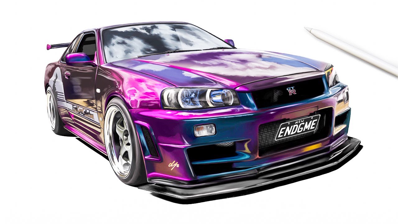 Realistic Car Drawing Nissan Skyline R34 Gtr Drawingpat Youtube