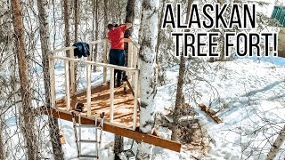 Alaskan TREE FORT Build || This One's For the Boys! + 1st Time Tasting Birch Sap!