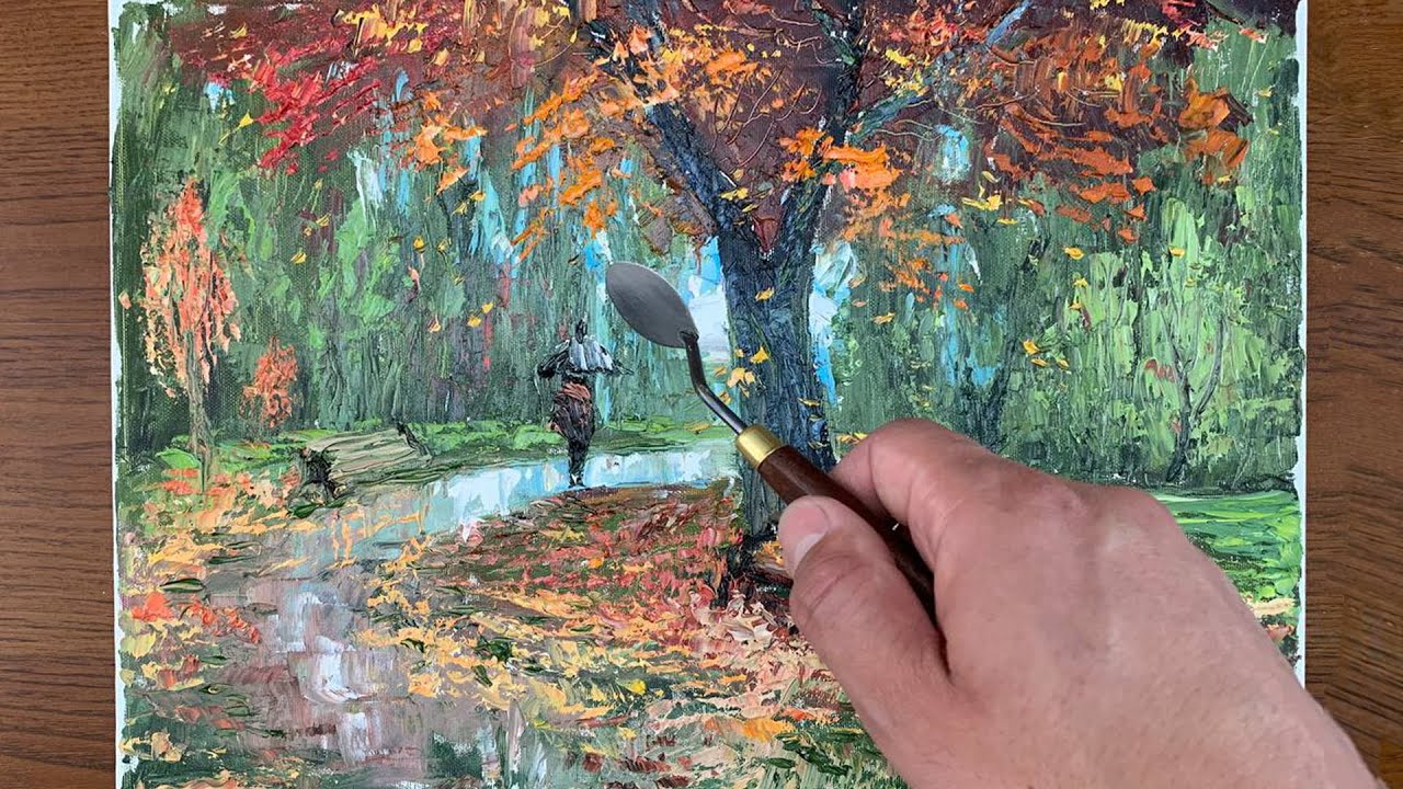 How to Draw a Autumn Park | Acrylic Painting With Palette Knife