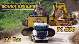 AKSI TRUCK SCANIA R580 MATIC MUATAN 125 TON , Excavator Komatsu PC1250, Mobilisasi Alat Berat