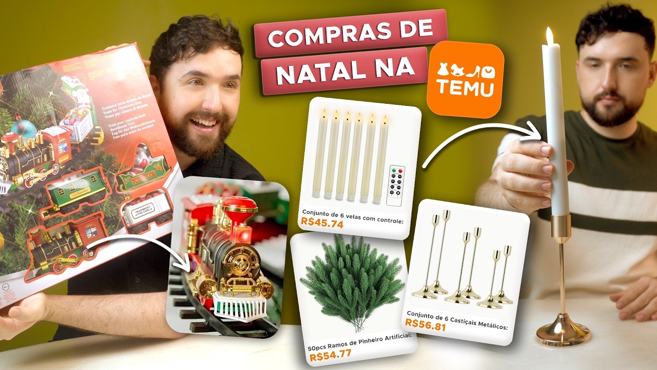 COMPRAS DE NATAL NA TEMU | Testei um Trenzinho, Vela Eletrônica, Castiçal e Pisca Pisca Smart RGB