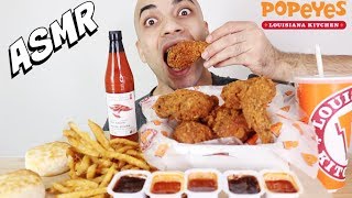 CRUNCHY ASMR Popeyes Fried Cajun Hot Chicken, Fries, Biscuit & Drink + Hot Sauce (Eating Sounds)