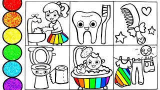 Learn How to draw Hygiene Habits-Brush your teeth -Wash your hands- Take a bath- Glitter art