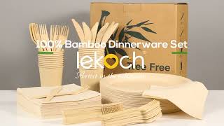 LEKOCH 200 pcs Disposable 100% Bamboo Plates 10 inch, Biodegradable Bamboo Dishes Set for 25 Guests