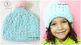 How to make easy & fast crochet hat by alize puffy.. بخيط الباڤي اعملي اسرع واسهل ايس كاب بدون ابرة