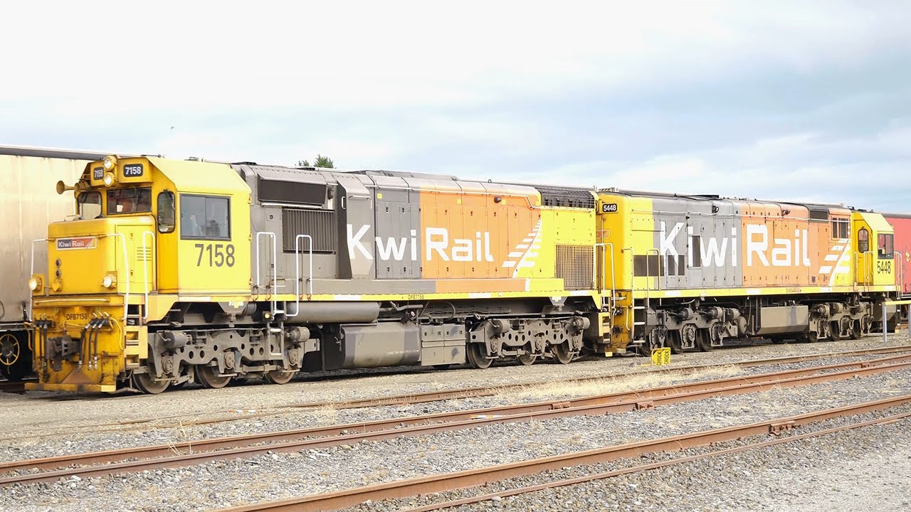KiwiRail Locomotives DFB7158 and DXB5448 Collecting Freight Wagons