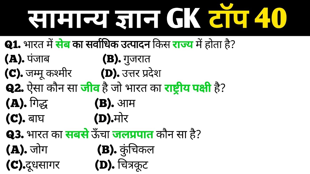 सामान्य ज्ञान | General Knowledge | Top 40 Gk GS questions | SSC GD, MTS, RPF, CRPF | GK quiz 