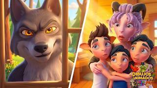 Las tres cabritas en su casita mientras el Lobo Feroz llama a la puerta, animación 3D