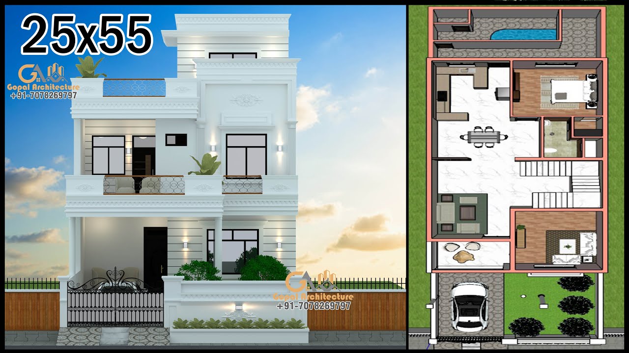 25'-6"X89'-0" 5 Room House Design With Swimming Pool, Gopal ...