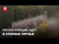 Многотысячная колонна людей идет в сторону Уручья вдоль Парка Челюскинцев