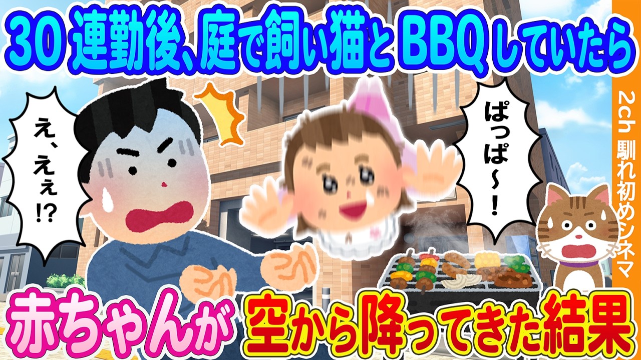 【2ch馴れ初め】30連勤後、庭で飼い猫とBBQしていたら→見知らぬ赤ちゃんが空から降ってきた結果…