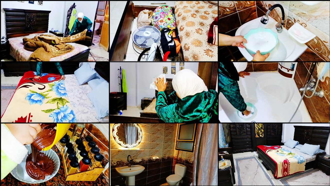 روتين🌿تنضيف عميق لغرفة النوم🛏خليتها بتلمع وريحة النضافة طالعة منها🧼وكافئت نفسي في الاخر ☕🍰