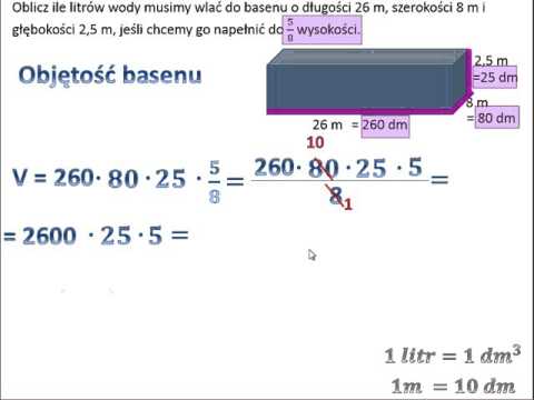 Ile litrów wodny musimy wlać do basenu? Objętość prostopadłościanu.