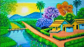 Beautiful Village Landscape Scenery Painting | Indian Village Scenery Painting With Acrylic Color