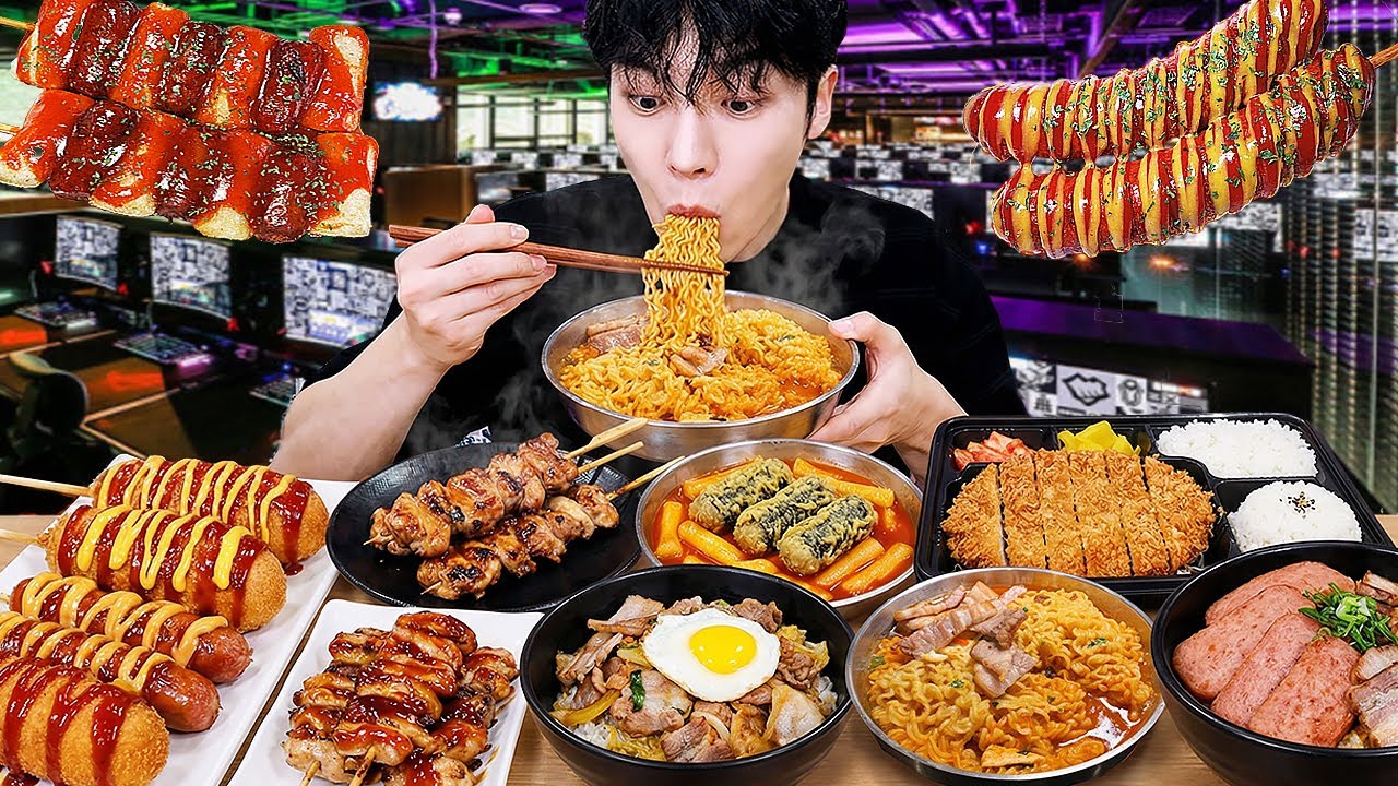 ASMR MUKBANG | Еда из корейского PC кафе!(Жареные блюда,Ттокпокки,Острая лапша,Бибимбап,Десерт)