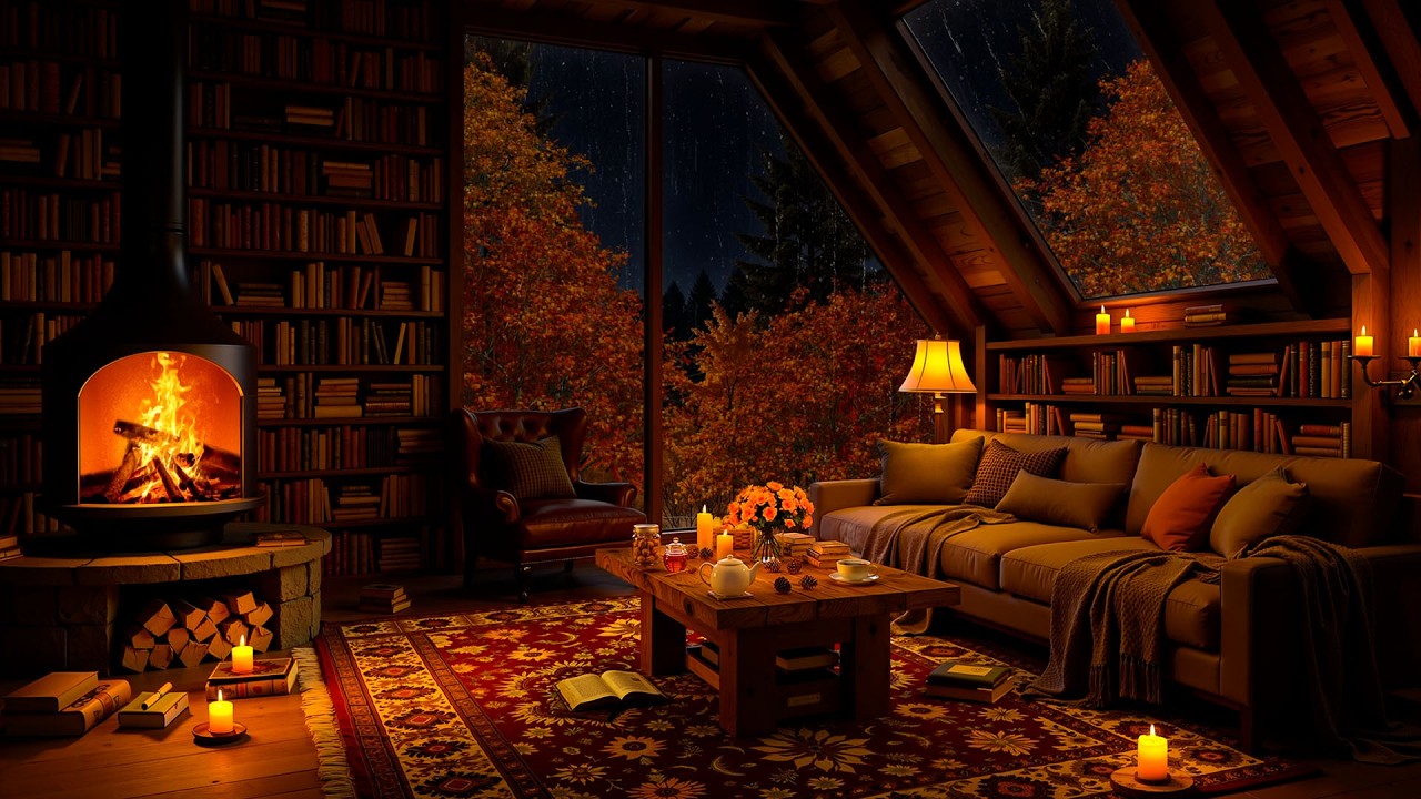 Cozy Autumn Reading Nook Ambience with Warm Fireplace 🍂 Relaxing Jazz & Rain Sounds for Sleep, Study