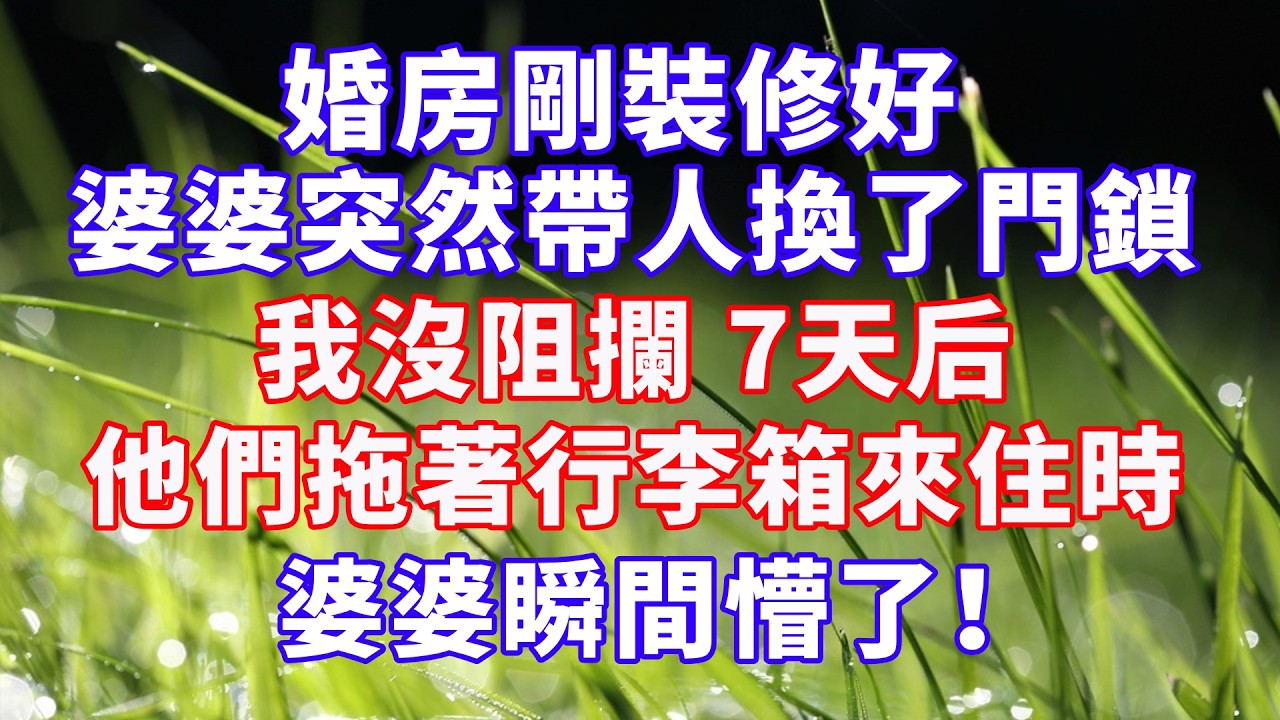 婚房剛裝修好，婆婆突然帶人換了門鎖，我沒阻攔，7天后，他們拖著行李箱來住時，門口貼著法院的查封通知，婆婆瞬間懵了！ #情感故事 #爽文 #婆媳关系 #故事分享 #家庭 #幸福人生