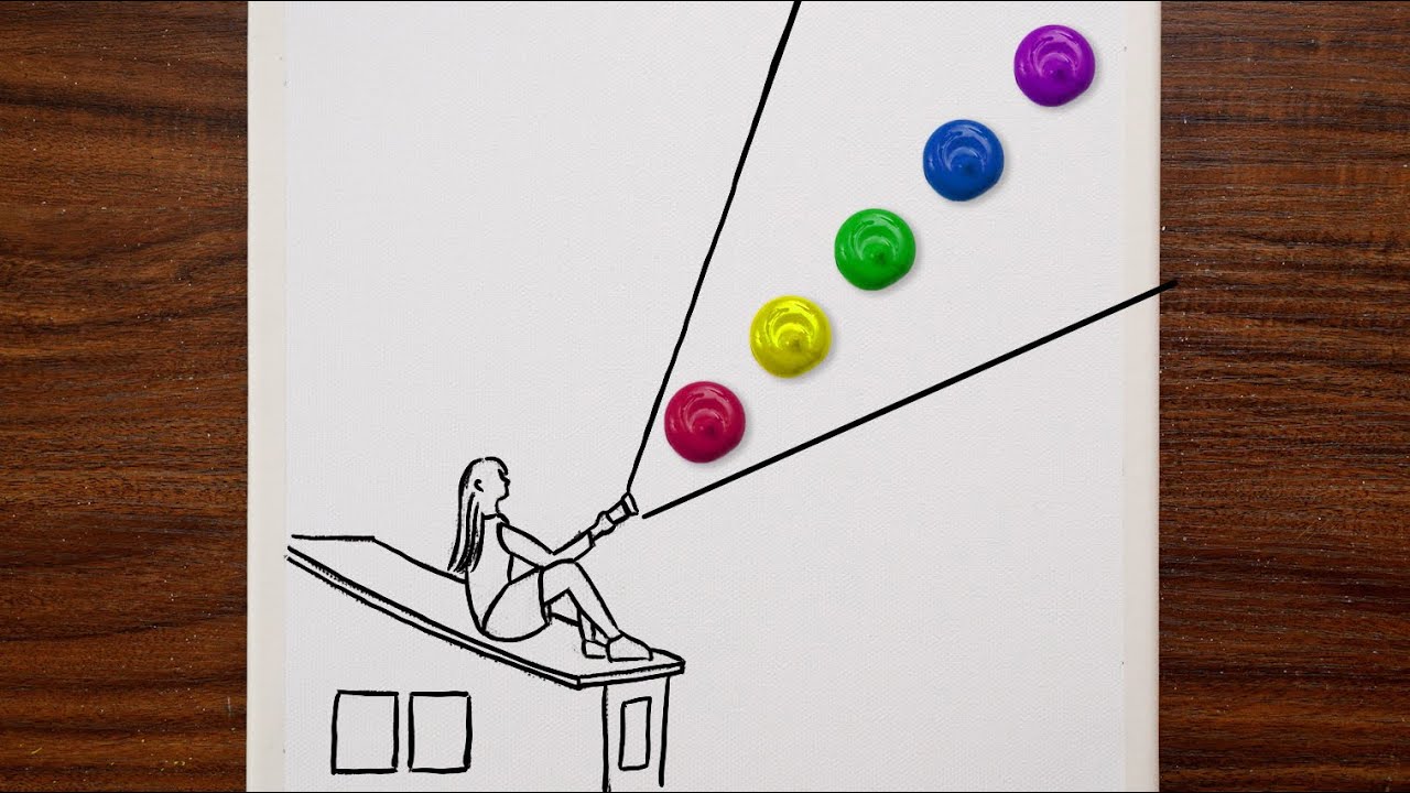 A Girl Looking For The Sea On The Roof｜Easy Acrylic Painting on Canvas Step By Step (1453)