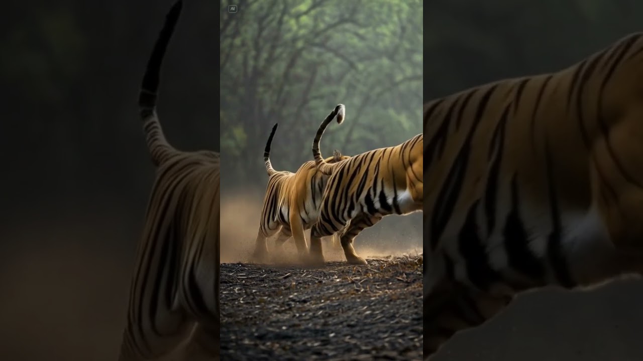 A herd of tigers chase a rabbit and pounce on it at the edge of the forest