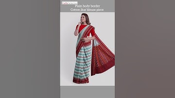 Cotton Ikat Saree in white with green and red accents with cotton ikat blouse piece | handloom
