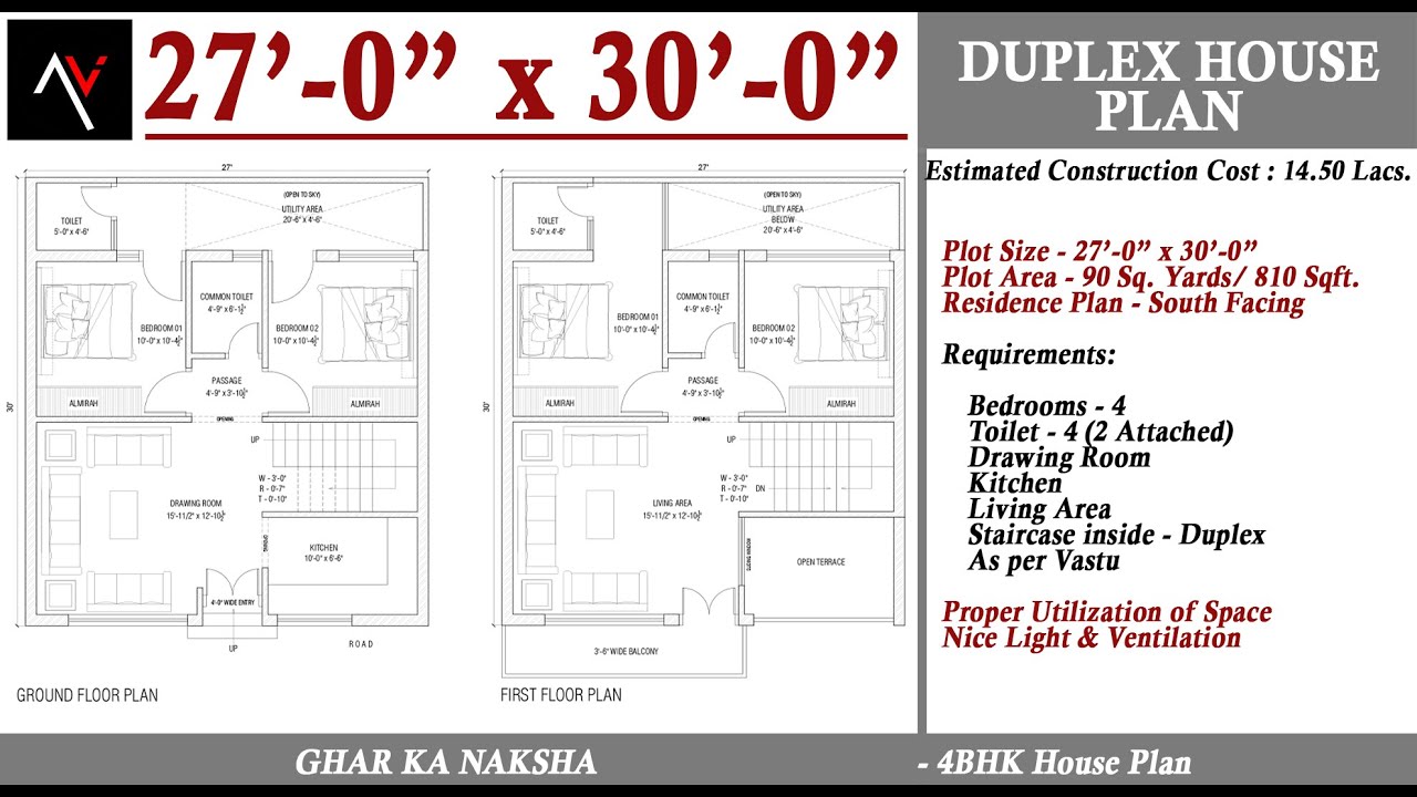 27x30 Ghar ka Naksha | 810 Sqft House Plan | 90 Gaj ka Makan | 4 Room Set | South Face | Residence