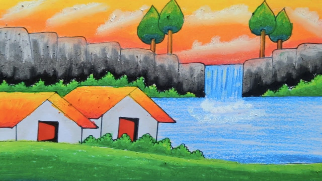 How to Draw Beautiful Village Scenery Drawing | Easy Sunset Waterfall Landscape Art