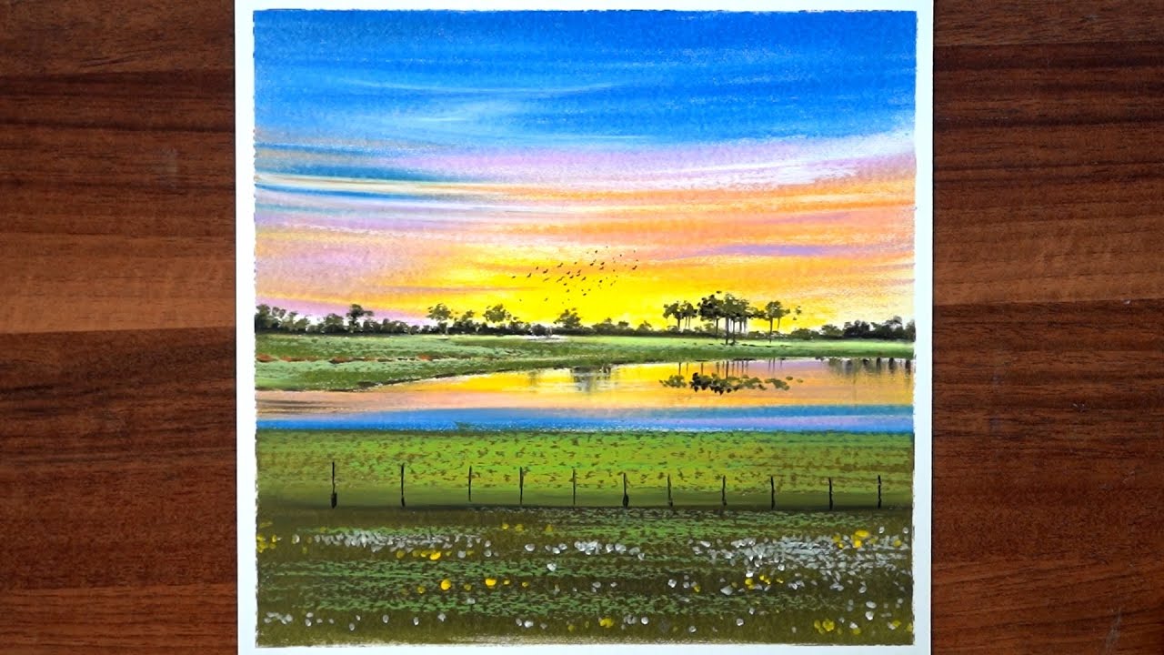 How to draw a morning landscape using oil pastels // step by step tutorial