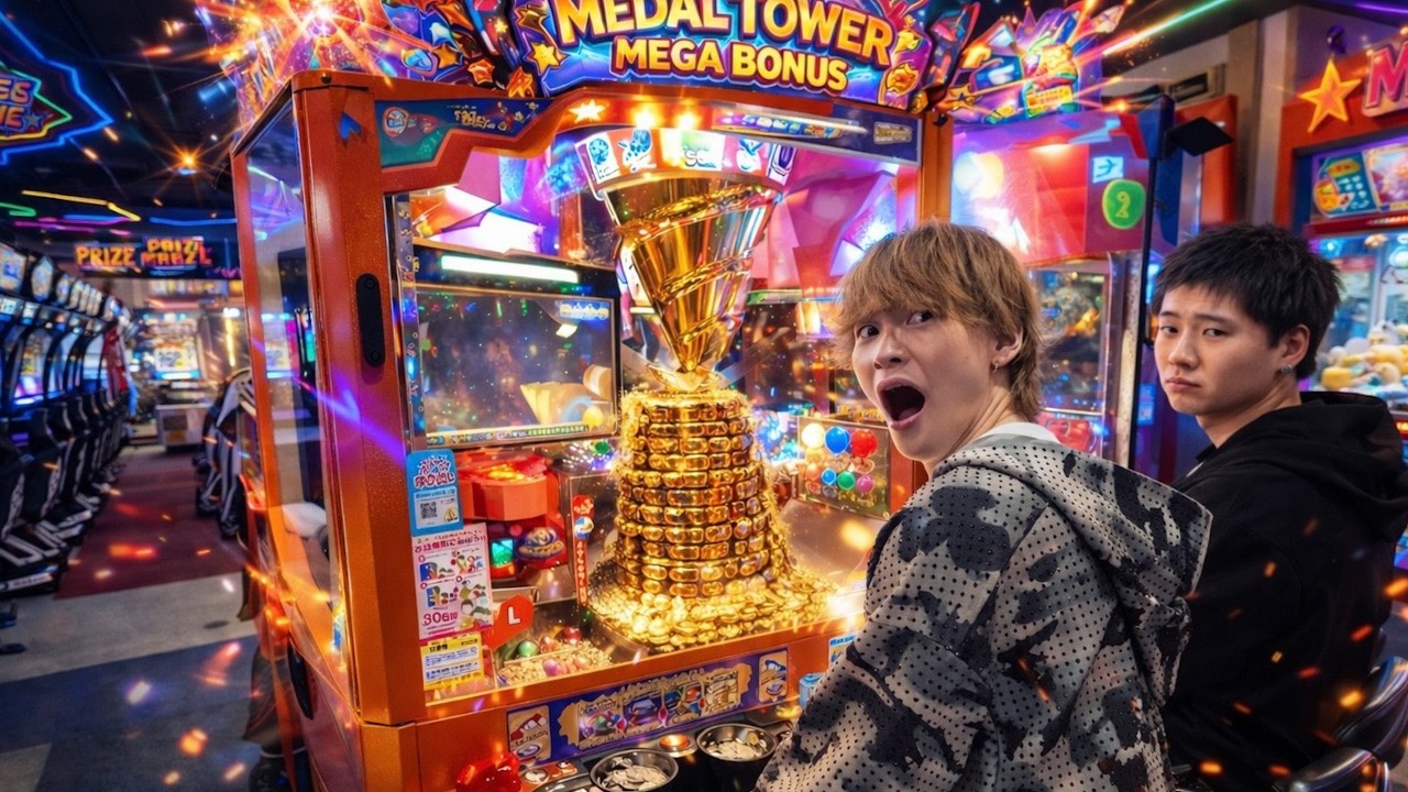 Winning a large amount of coins from a medal game at an arcade