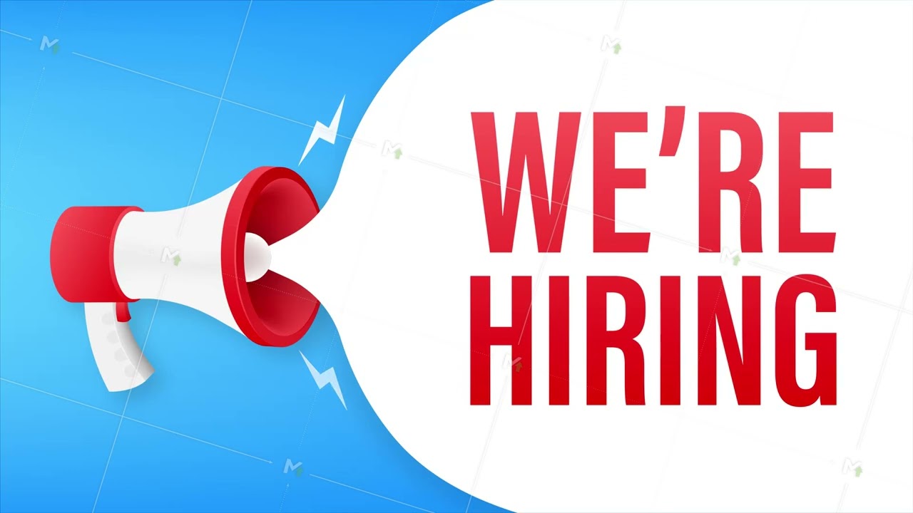 Megaphone label with we are hiring. Megaphone banner. Motion graphics
