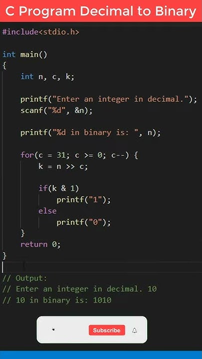 C Program to Convert Decimal To Binary Number #shorts - YouTube