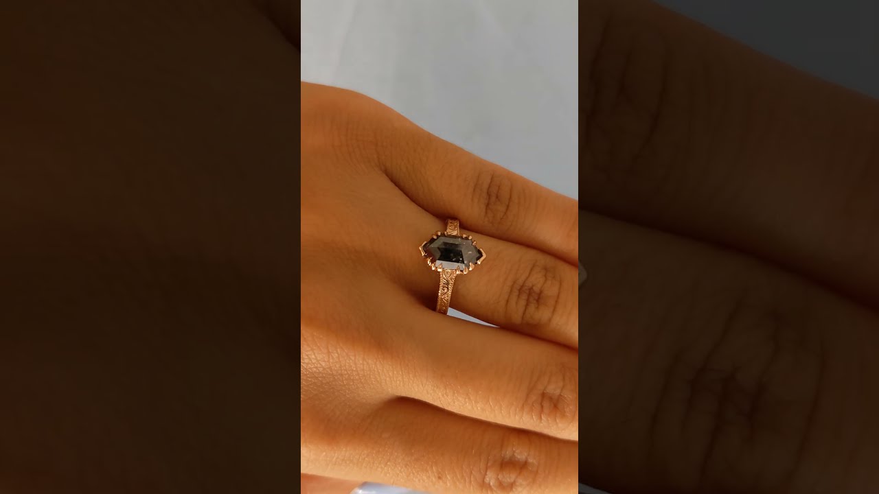 Hexagon Cut Salt and Pepper Diamond Engagement Ring, Milgrain 18k Rose Gold Promise Ring for Her