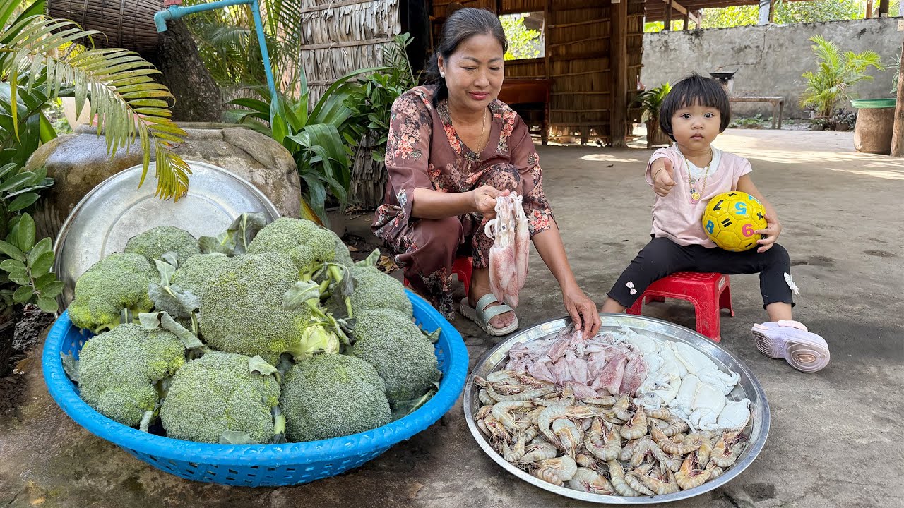 Broccoli, squid, shrimp, octopus cooking | Yummy seafood recipes | Sreypov Life Show