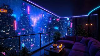 Lofi Ambient – Cozy Rain Balcony Overlooking a Futuristic City | Chill, Study & Relax | 4K