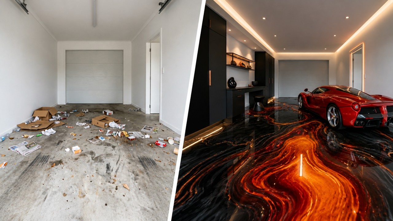 🌋 Satisfying Epoxy Floor Transformation for a Luxury VOLCANIC LAVA Garage | Epoxy AI ASMR Timelapse
