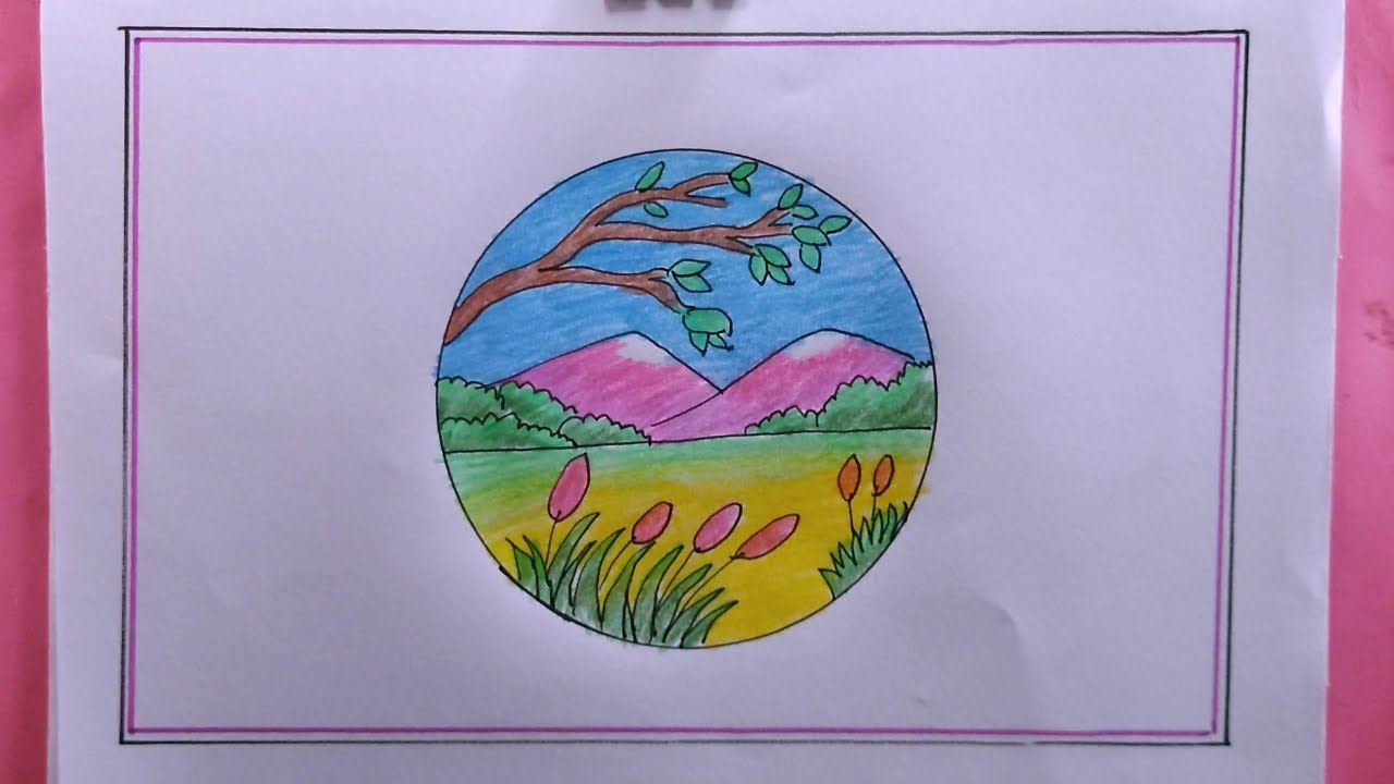 how to draw simple scenery in a circle/easy scenery drawing - YouTube