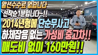 100만원대 중고차입니다!!2014년형에 단순무사고,하체잡음 하나없는 사회초년생들을 위한 가성비 끝판왕 차량!!매도비 없이 160만원에 판매하겠습니다!!알선수수료까지 없습니다