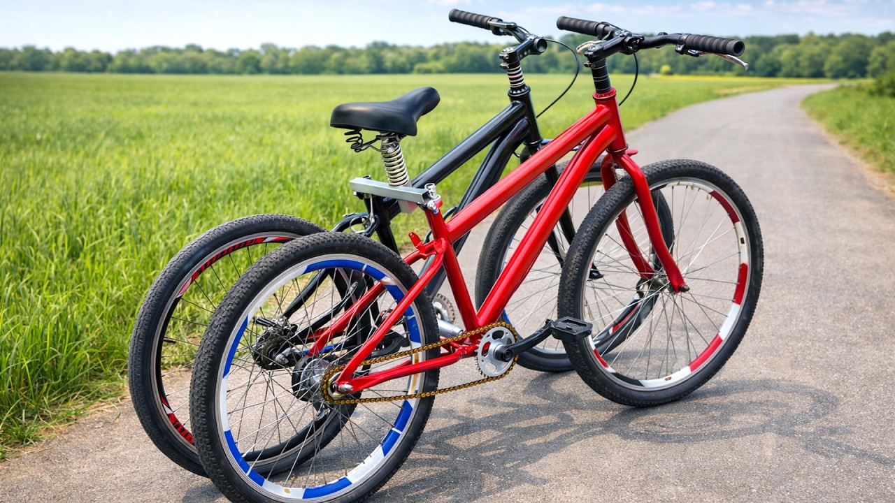 Фермер превратил старые велосипеды в четырёхколёсный тандем.