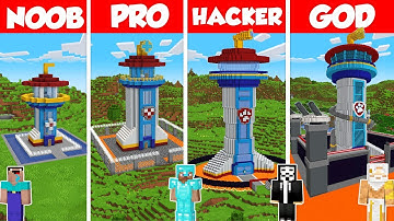 Protected Paw Patrol Tower Build Battle Challenge - Noob vs Pro vs Hacker vs God Minecraft Animation